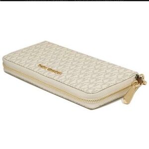 Michael Kors Cream Logo Zip-Around Continental Wallet with Gold Hardware